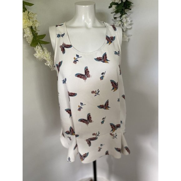 LOFT Tops - Loft Women’s‎ White Tank Top Blouse Shell Butterflies Light Weight M Ruffled Hem